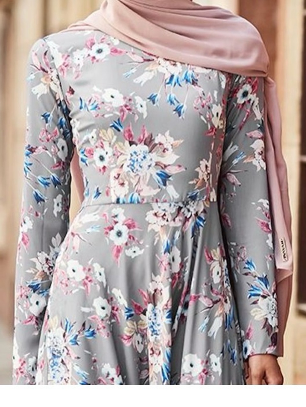 Gray Floral Maxi Dress with Pink & Blue Accents